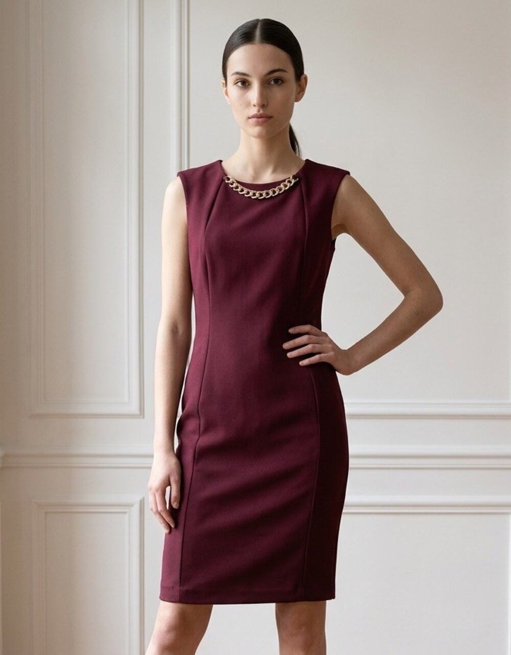 Calvin Klein Burgundy/Wine Sheath Dress Gold Chain Round Neck Sleeveless 12 EUC